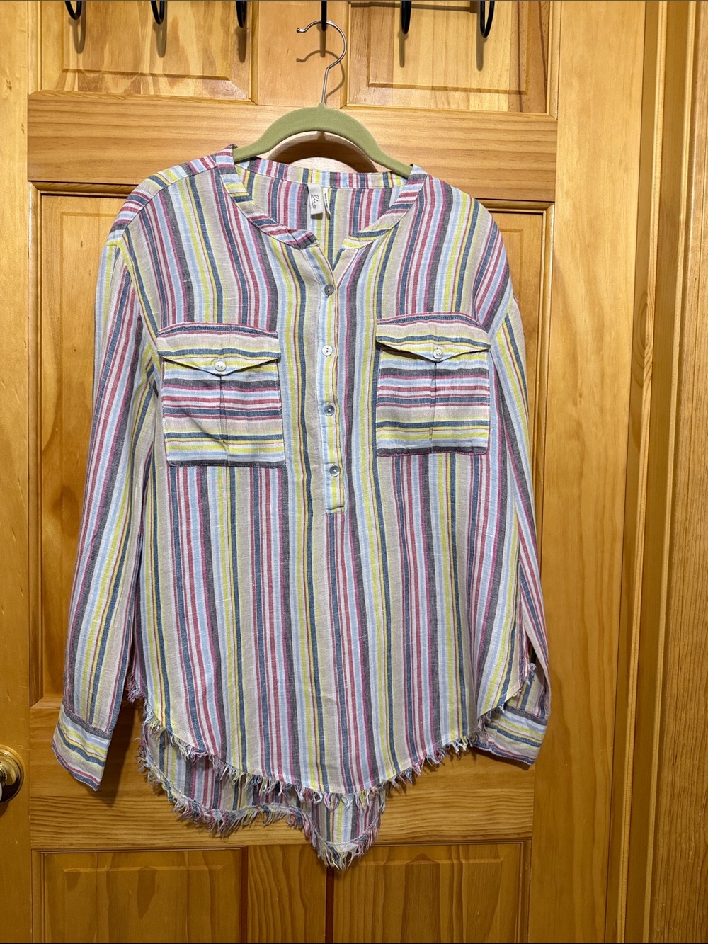 Elan Multicolor Striped Button-Popover Linen Tunic, Raw Frayed Edge Hem, Small